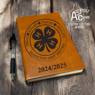 Custom faux leather journal in rich brown with 4-H logo custom engraved