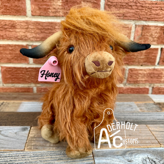 Highland Plushie with Custom Ear Tag - Aderholt Customs - Custom Ear Tags & More