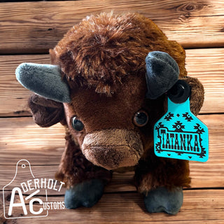 Cute buffalo plushie with custom cattle ear tag