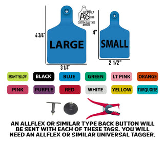 Laser engraved and UV printed cattle ear tags in several colors and two sizes