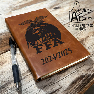 Custom faux leather journal in rich brown with Pauls Valley FFA logo custom engraved